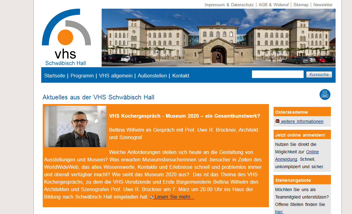typo3 webdesign von wasserwerfer für vhs schwäbisch hall